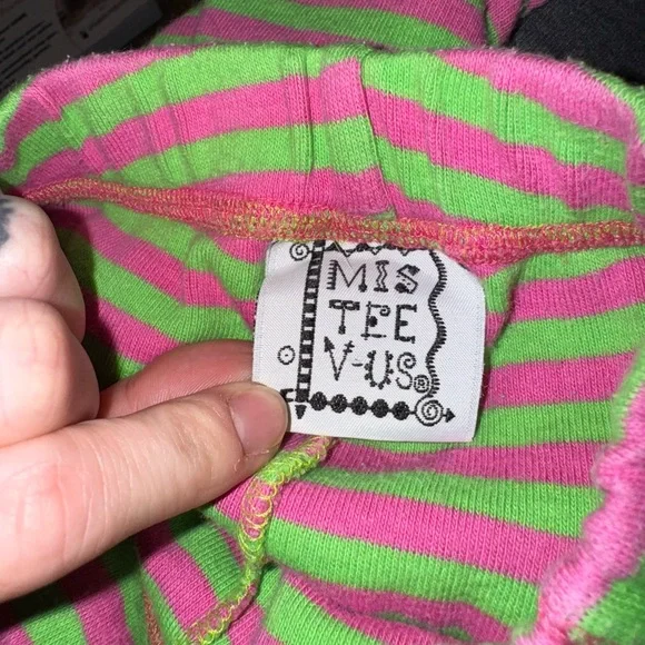 Vintage Miss Tee-V-Us Ruffle Pants Girls 5/6 Pink Green Stripe Polka Dot - Picture 3 of 4
